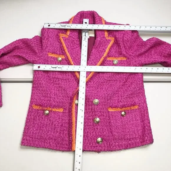 L'AGENCE Hot Pink Tweed Double-Breasted Blazer with Orange Trim - Picture 4 of 13